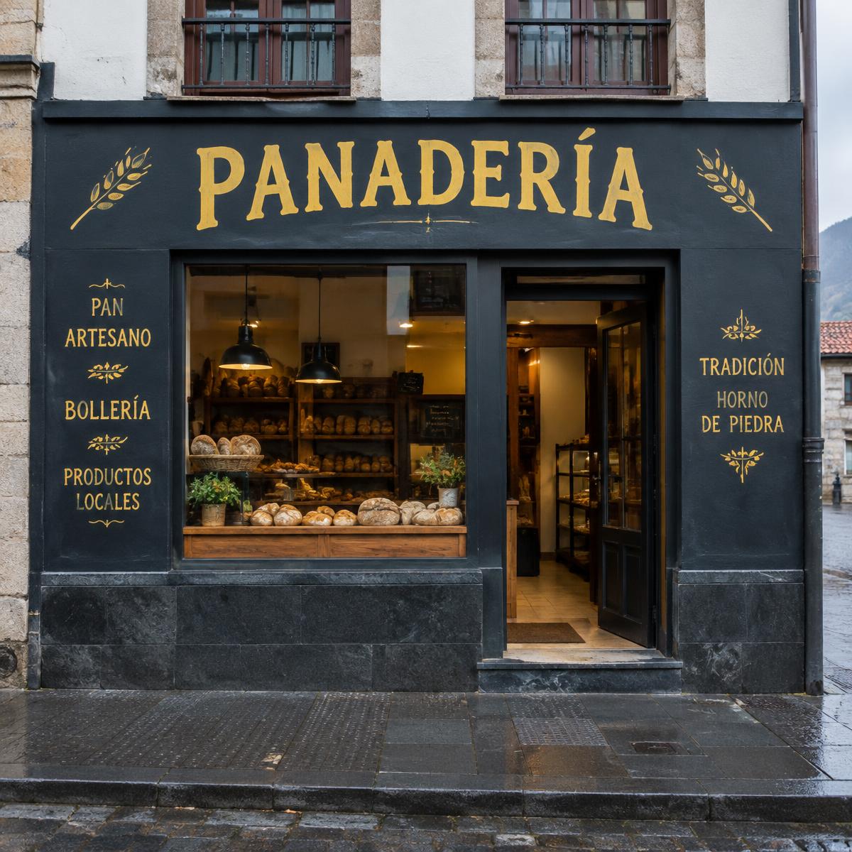 Fachada de panadería con rotulación artesanal